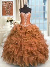  Floor Length Rust Red Sweet 16 Quinceanera Dress Organza Sleeveless Beading and Ruffles
