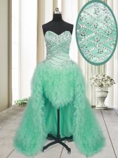 Flirting With Train Apple Green Prom Dresses Tulle Brush Train Sleeveless Beading and Ruffles