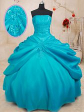 Most Popular Teal Ball Gowns Taffeta Strapless Sleeveless Appliques Floor Length Lace Up Sweet 16 Dress