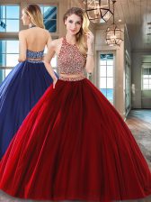 Gorgeous Halter Top Sleeveless Tulle Floor Length Backless 15 Quinceanera Dress in Wine Red with Beading