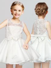 Enchanting Scoop White A-line Lace and Bowknot Flower Girl Dress Clasp Handle Organza Sleeveless Mini Length