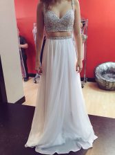 Latest White Zipper Spaghetti Straps Sequins Prom Dresses Chiffon Sleeveless
