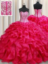  With Train Coral Red Sweet 16 Dress Sweetheart Sleeveless Brush Train Lace Up