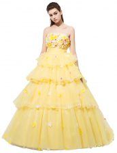 Designer Sleeveless Organza With Train Lace Up Homecoming Dress in Yellow with Ruffled Layers and Hand Made Flower