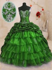 Custom Design Organza and Taffeta Sleeveless With Train 15 Quinceanera Dress Sweep Train and Beading and Appliques and Ruffled Layers and Pick Ups