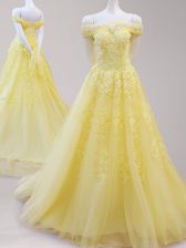  Yellow Lace Up Off The Shoulder Beading and Appliques Dress for Prom Tulle Cap Sleeves