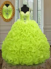 Custom Design Straps Sleeveless Organza Vestidos de Quinceanera Beading and Ruffles Zipper