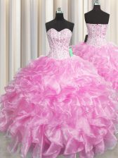 Fine Visible Boning Zipper Up Rose Pink Zipper Quinceanera Dresses Beading and Ruffles Sleeveless Floor Length