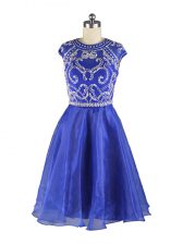  Blue Organza Zipper Scoop Cap Sleeves Mini Length Dress for Prom Beading