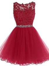  Sweetheart Sleeveless Prom Dresses Mini Length Beading and Lace and Appliques Burgundy Tulle