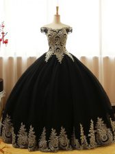  Floor Length Black Quinceanera Dresses Tulle Sleeveless Appliques
