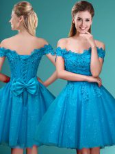  Knee Length Aqua Blue Dama Dress for Quinceanera Off The Shoulder Cap Sleeves Lace Up