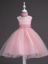 New Style Baby Pink Tulle Zipper Little Girl Pageant Dress Sleeveless Knee Length Beading and Appliques