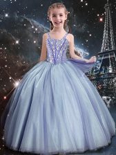  Straps Sleeveless Flower Girl Dress Floor Length Beading Light Blue Tulle