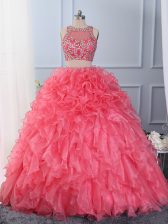  Scoop Sleeveless Sweet 16 Dress Floor Length Beading and Ruffles Hot Pink Organza