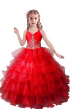  Red Sleeveless Floor Length Beading and Ruffled Layers Zipper Pageant Gowns For Girls
