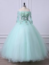  Apple Green Lace Up Off The Shoulder Beading 15th Birthday Dress Tulle 3 4 Length Sleeve