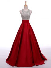 Wonderful Wine Red A-line Elastic Woven Satin Scoop Sleeveless Beading Backless Prom Dress