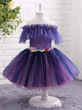  Short Sleeves Beading and Hand Made Flower Lace Up Little Girls Pageant Dress