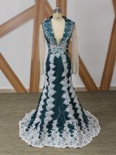  Navy Blue Mermaid Square Long Sleeves Elastic Woven Satin Brush Train Zipper Beading and Lace and Appliques Homecoming Dress