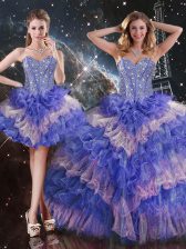 High Quality Sleeveless Organza Floor Length Lace Up Quinceanera Gown in Multi-color with Beading and Ruffled Layers