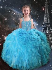  Straps Sleeveless Lace Up Pageant Gowns For Girls Aqua Blue Organza