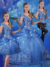  Blue Off The Shoulder Lace Up Beading and Embroidery Sweet 16 Dress Cap Sleeves