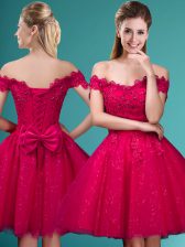  Red A-line Off The Shoulder Cap Sleeves Tulle Knee Length Lace Up Lace and Belt Quinceanera Dama Dress