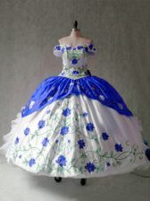 Charming Off The Shoulder Cap Sleeves Lace Up Vestidos de Quinceanera Blue And White Organza and Taffeta