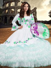  White Lace Up Quince Ball Gowns Embroidery and Ruffled Layers Long Sleeves Floor Length