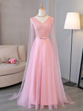  Baby Pink Tulle Lace Up V-neck Long Sleeves Floor Length Prom Party Dress Beading
