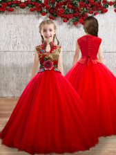 Eye-catching High-neck Sleeveless Lace Up Girls Pageant Dresses Red Tulle
