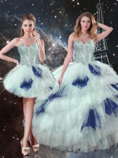 Noble Floor Length Blue And White Quinceanera Gown Tulle Sleeveless Beading and Ruffled Layers and Sequins
