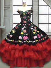Affordable Red And Black Off The Shoulder Neckline Embroidery and Ruffled Layers Quinceanera Gown Sleeveless Lace Up