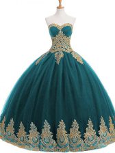  Sleeveless Floor Length Appliques Lace Up 15th Birthday Dress with Teal 