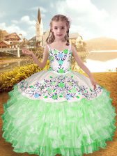  Apple Green Straps Neckline Embroidery and Ruffled Layers Girls Pageant Dresses Sleeveless Lace Up