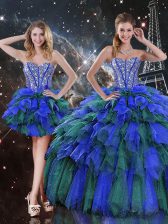 Edgy Floor Length Multi-color Quince Ball Gowns Organza Sleeveless Beading and Ruffles and Ruffled Layers