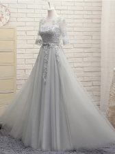 Inexpensive Appliques Quinceanera Court of Honor Dress Grey Lace Up Half Sleeves Floor Length