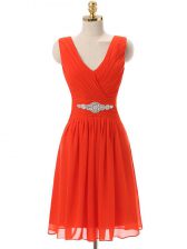Unique Empire Prom Evening Gown Red V-neck Chiffon Sleeveless Knee Length Zipper