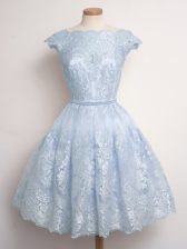  Cap Sleeves Lace Knee Length Lace Up Quinceanera Dama Dress in Light Blue with Lace