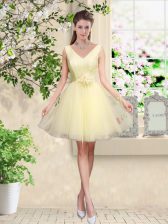 Designer Tulle V-neck Sleeveless Lace Up Lace and Belt Quinceanera Court of Honor Dress in Light Yellow