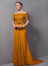 Fantastic Gold Short Sleeves Chiffon Sweep Train Zipper Prom Dress for Prom and Party