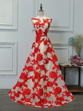 Most Popular Floor Length A-line Sleeveless White And Red Dress for Prom Lace Up