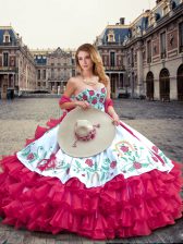 Customized Fuchsia Ball Gowns Sweetheart Sleeveless Organza Floor Length Lace Up Embroidery and Ruffled Layers 15 Quinceanera Dress