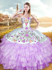  Sleeveless Organza and Taffeta Floor Length Lace Up Vestidos de Quinceanera in Lilac with Embroidery and Ruffled Layers