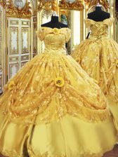 Clearance Gold Ball Gowns Tulle Strapless Sleeveless Beading and Appliques and Hand Made Flower Floor Length Lace Up Ball Gown Prom Dress
