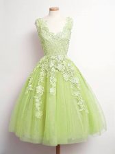 Graceful Yellow Green A-line Lace Damas Dress Lace Up Tulle Sleeveless Knee Length