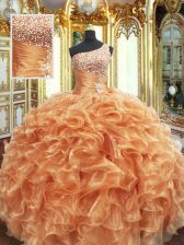 Classical Orange Lace Up One Shoulder Beading and Ruffles 15th Birthday Dress Organza Sleeveless