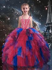  Coral Red Ball Gowns Straps Sleeveless Tulle Floor Length Lace Up Beading and Ruffles Little Girl Pageant Dress