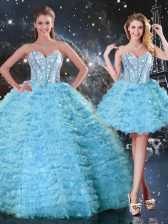Admirable Aqua Blue Sleeveless Tulle Lace Up 15th Birthday Dress for Military Ball and Sweet 16 and Quinceanera